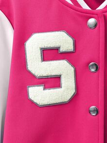 SHEIN Tween Girls Preppy Color‑Block Varsity Jacket, Letter S Towel‑Patch Snap‑Button Baseball Outerwear Without Tee For Autumn Winter Casual School Wear - Hot Pink - View 6
