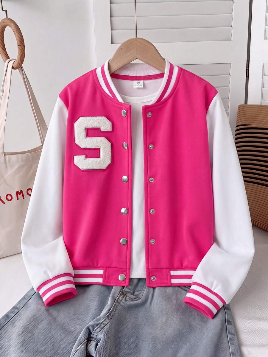 SHEIN Tween Girls Preppy Color‑Block Varsity Jacket, Letter S Towel‑Patch Snap‑Button Baseball Outerwear Without Tee For Autumn Winter Casual School Wear - Hot Pink - View 1