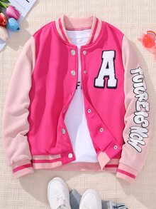 SHEIN Tween Girls Fall Clothes Color‑Block Varsity Jacket, Towel‑Patch Letter A & Sleeve Graphic Print Snap Button Outerwear Without Tee For Autumn Fall... - Hot Pink - View 4