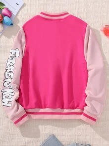 SHEIN Tween Girls Fall Clothes Color‑Block Varsity Jacket, Towel‑Patch Letter A & Sleeve Graphic Print Snap Button Outerwear Without Tee For Autumn Fall... - Hot Pink - View 3