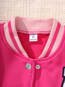 SHEIN Tween Girls Fall Clothes Color‑Block Varsity Jacket, Towel‑Patch Letter A & Sleeve Graphic Print Snap Button Outerwear Without Tee For Autumn Fall... - Hot Pink - View 7