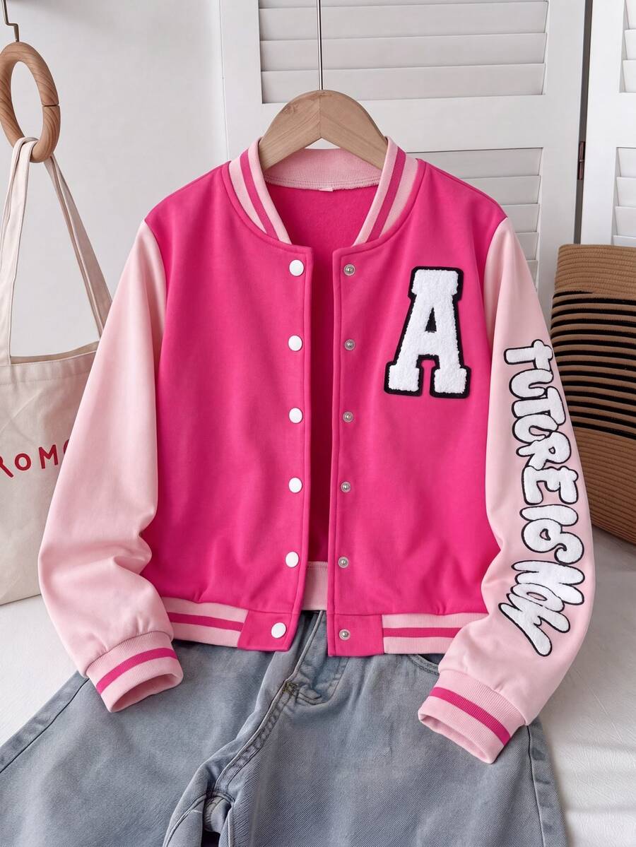 SHEIN Tween Girls Fall Clothes Color‑Block Varsity Jacket, Towel‑Patch Letter A & Sleeve Graphic Print Snap Button Outerwear Without Tee For Autumn Fall...