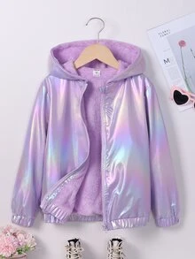 SHEIN Girls' Casual Hooded Jacket With Colorful Fabric And Fur Trim, Thermal Lined And Thickened For Autumn And Winter - Purple - View 4