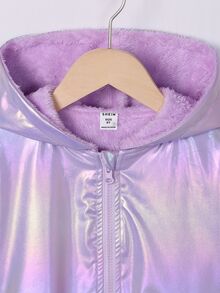 SHEIN Girls' Casual Hooded Jacket With Colorful Fabric And Fur Trim, Thermal Lined And Thickened For Autumn And Winter - Purple - View 6