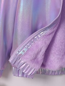 SHEIN Girls' Casual Hooded Jacket With Colorful Fabric And Fur Trim, Thermal Lined And Thickened For Autumn And Winter - Purple - View 7