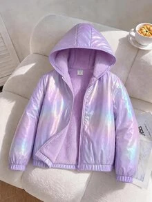 SHEIN Girls' Casual Hooded Jacket With Colorful Fabric And Fur Trim, Thermal Lined And Thickened For Autumn And Winter - Purple - View 2