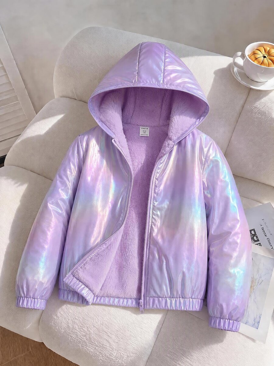 SHEIN Girls' Casual Hooded Jacket With Colorful Fabric And Fur Trim, Thermal Lined And Thickened For Autumn And Winter