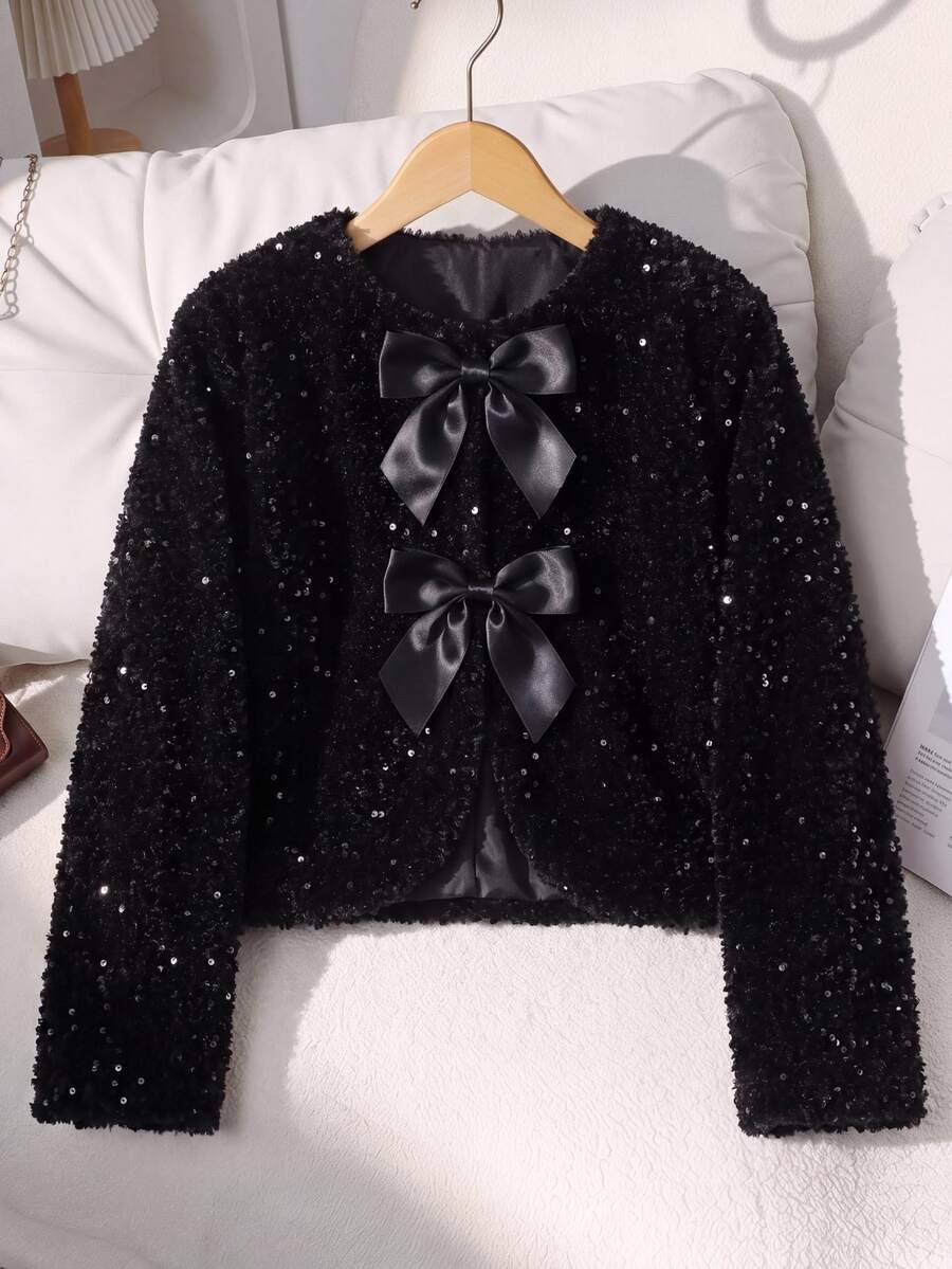 SHEIN 女童黑色亮片夾克外套，秋季服飾，2015年秋冬新款青少年女孩外衣，派對夾克