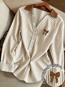 Resyla Áo blouse nữ cổ chữ V tay dài dáng rộng tối giản, họa tiết in kỹ thuật số kẻ sọc phối nơ, quà tặng cho bạn bè - Màu Khaki - Xem 1