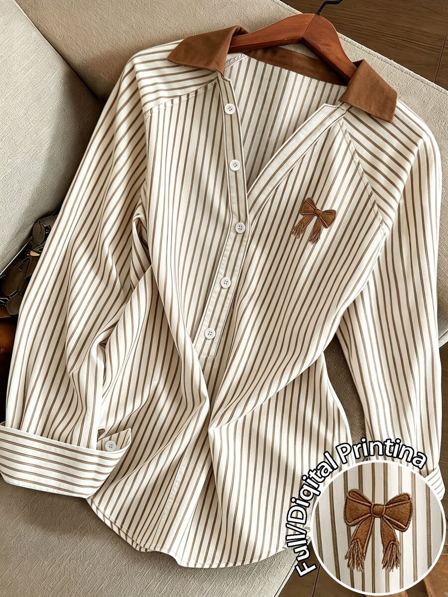 Resyla Áo blouse nữ cổ chữ V tay dài dáng rộng tối giản, họa tiết in kỹ thuật số kẻ sọc phối nơ, quà tặng cho bạn bè - Màu Khaki - Xem 1
