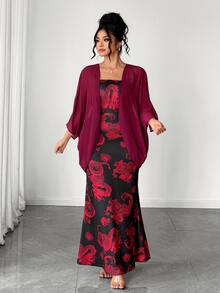Elenzga Plus Size Women's All-Over Print Dress And Cardigan Fashion Set - Multicolor - View 12