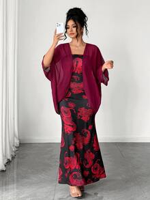 Elenzga Plus Size Women's All-Over Print Dress And Cardigan Fashion Set - Multicolor - View 9