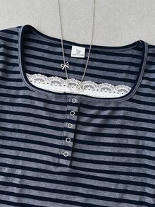 SHEIN 青少年女孩夏季新款休閒 Y2K 校園風可愛簡約優雅甜美灰色蕾絲短袖 T 恤，適合六年級學生 - 彩色 - 查看 6