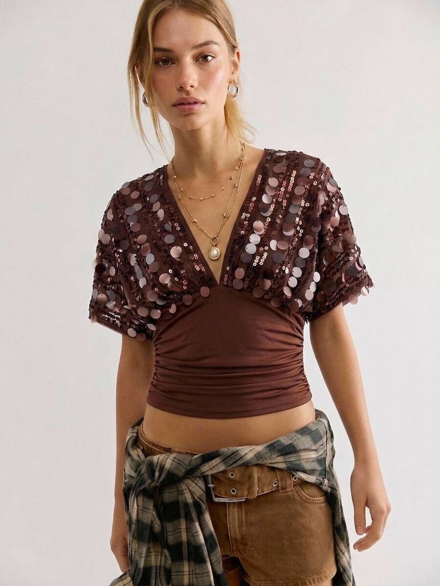 Bohemela Women's Solid Color Patchwork Sequin V-Neck Batwing Short Sleeve Fashion T-Shirt Party Night Out Club Shades Of Brown Summer Sexy - Coffee Brown - View 1