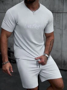 SLATEMANN Men's 2 Pieces Set Short Sleeve T-Shirt And Shorts, Light Grey Striped Jacquard Fabric, Slim Fit Embroidered Summer Streetwear City Break Outfit Set - Grey - View 2