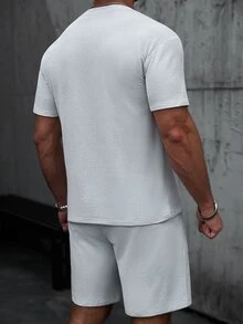 SLATEMANN Men's 2 Pieces Set Short Sleeve T-Shirt And Shorts, Light Grey Striped Jacquard Fabric, Slim Fit Embroidered Summer Streetwear City Break Outfit Set - Grey - View 5