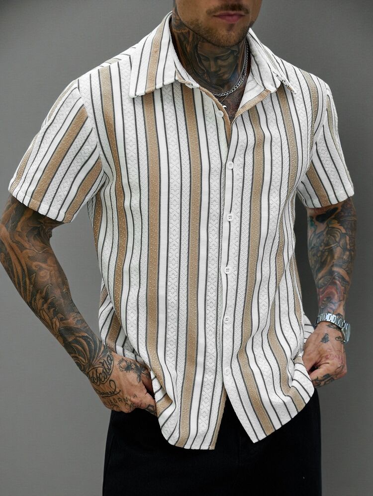 SLATEMANN Men's Casual Streetwear Striped Single-Breasted Short Sleeve Shirt - Multicolor - View 2