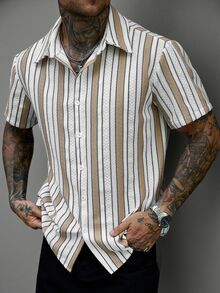 SLATEMANN Men's Casual Streetwear Striped Single-Breasted Short Sleeve Shirt - Multicolor - View 4