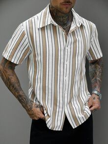SLATEMANN Men's Casual Streetwear Striped Single-Breasted Short Sleeve Shirt - Multicolor - View 3