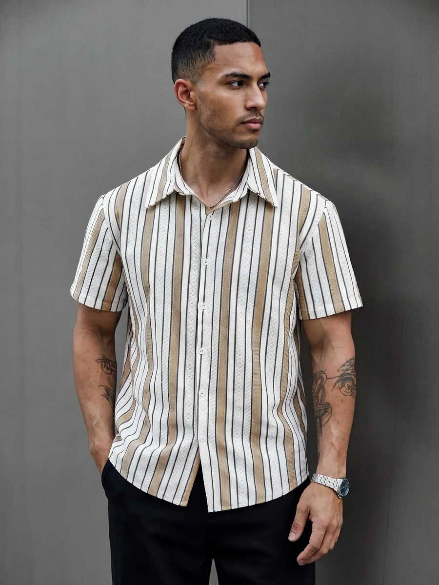 SLATEMANN Men's Casual Streetwear Striped Single-Breasted Short Sleeve Shirt - Multicolor - View 1