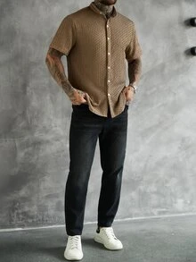 SLATEMANN Men's Rhinestone Decor Front Button Casual Short Sleeve Shirt - Khaki - View 5