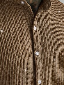 SLATEMANN Men's Rhinestone Decor Front Button Casual Short Sleeve Shirt - Khaki - View 6