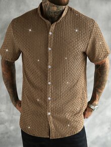 SLATEMANN Men's Rhinestone Decor Front Button Casual Short Sleeve Shirt - Khaki - View 3