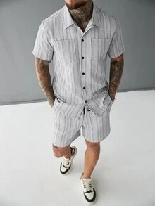 SLATEMANN Men's Grey Summer Casual Vacation Striped Shirt And Shorts Set (2-Piece Set),Button-Down Jacquard Outfit For Everyday Wear,Beach,Old Money Style - Grey - View 4