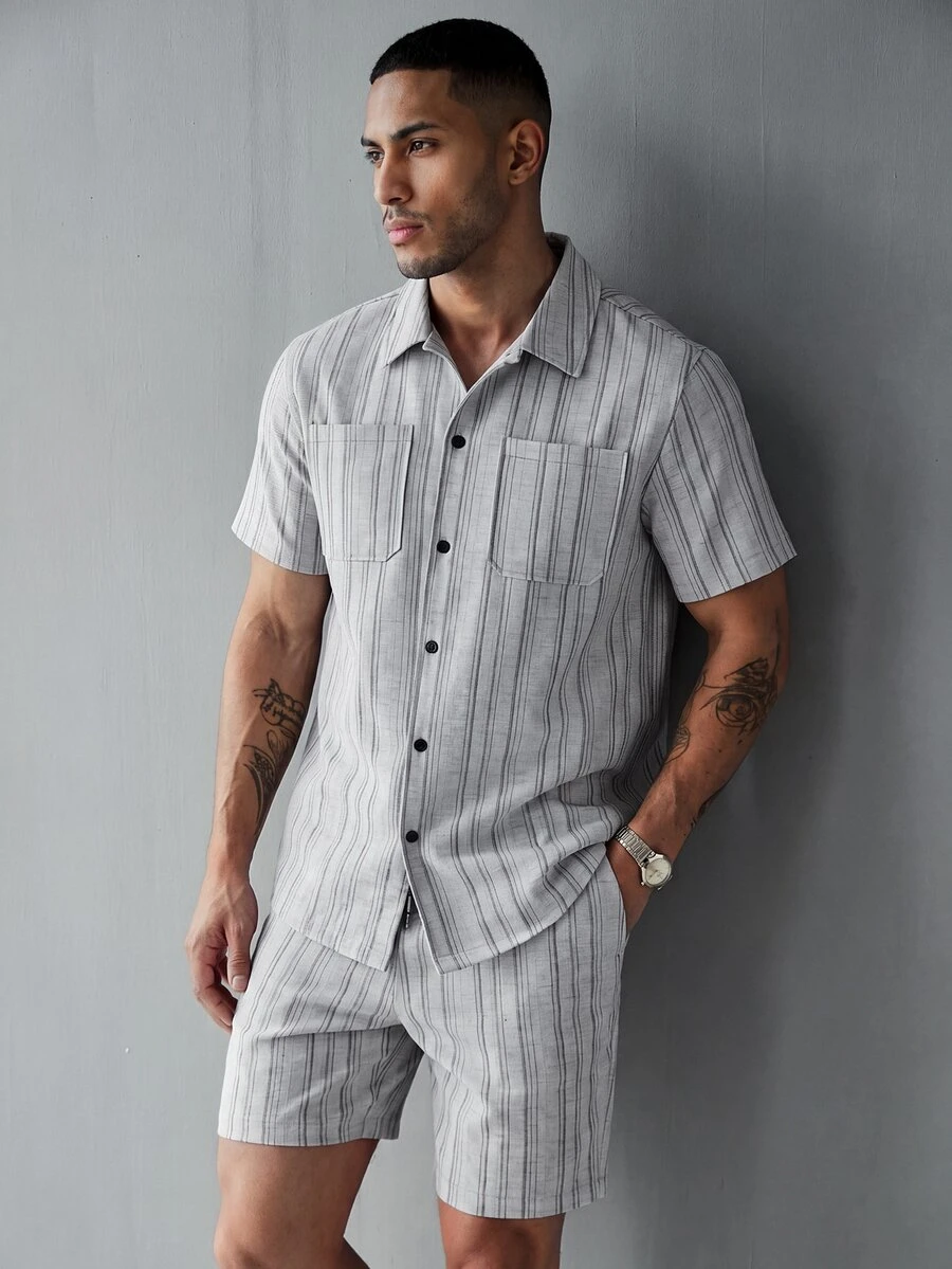 SLATEMANN Men's Grey Summer Casual Vacation Striped Shirt And Shorts Set (2-Piece Set),Button-Down Jacquard Outfit For Everyday Wear,Beach,Old Money Style - Grey - View 1