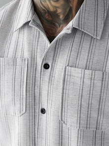 SLATEMANN Men's Grey Summer Casual Vacation Striped Shirt And Shorts Set (2-Piece Set),Button-Down Jacquard Outfit For Everyday Wear,Beach,Old Money Style - Grey - View 6