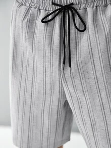 SLATEMANN Men's Grey Summer Casual Vacation Striped Shirt And Shorts Set (2-Piece Set),Button-Down Jacquard Outfit For Everyday Wear,Beach,Old Money Style - Grey - View 7