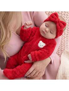 SHEIN Kids Kids Kids Newborn Cute Casual Autumn/Winter Red Cartoon Pattern Long Sleeve Romper - Red - View 3