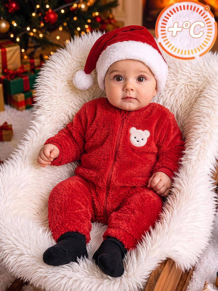 SHEIN Kids Kids Kids Newborn Cute Casual Autumn/Winter Red Cartoon Pattern Long Sleeve Romper - Red - View 1