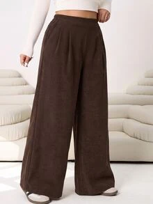 Solflare Plus Size Women Solid Color Casual Versatile Daily Wear Long Pants - Brown - View 4
