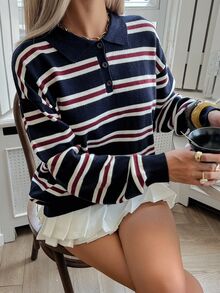 Livesso Women's Autumn Retro Casual Striped Turtleneck Sweater Everyday School Navy And White - Navy Blue - View 5
