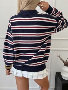 Livesso Women's Autumn Retro Casual Striped Turtleneck Sweater Everyday School Navy And White - Navy Blue - View 2