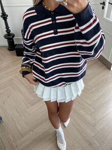 Livesso Women's Autumn Retro Casual Striped Turtleneck Sweater Everyday School Navy And White - Navy Blue - View 6