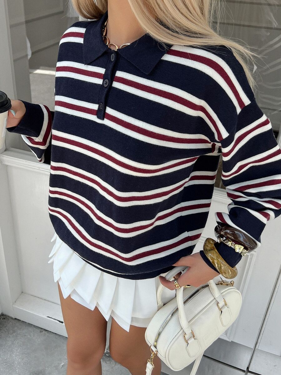 Livesso Suéter de cuello alto a rayas retro casual de otoño para mujer, uso diario y escolar, azul marino y blanco - Azul Marino - Ver 1