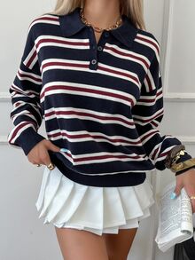 Livesso Women's Autumn Retro Casual Striped Turtleneck Sweater Everyday School Navy And White - Navy Blue - View 3
