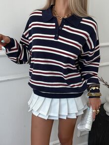 Livesso Women's Autumn Retro Casual Striped Turtleneck Sweater Everyday School Navy And White - Navy Blue - View 4