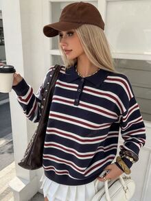 Livesso Women's Autumn Retro Casual Striped Turtleneck Sweater Everyday School Navy And White - Navy Blue - View 1
