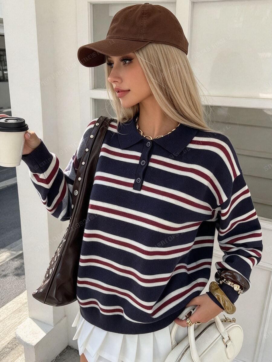 Livesso Women's Autumn Retro Casual Striped Turtleneck Sweater Everyday School Navy And White - Navy Blue - View 1