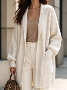 SHEIN Women's All-Match Fashion Minimalist Versatile Button-Up Cardigan With Turn-Down Collar - Apricot - View 2