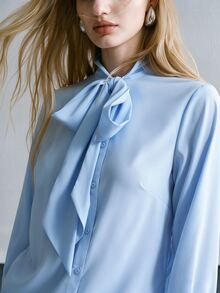 MOTF PREMIUM Áo blouse nữ màu trơn thắt nơ cổ - Màu xanh nhạt - Xem 4