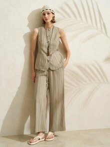Airaco Women's Casual Sleeveless Front Button Jumpsuit - Khaki - View 6