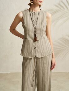 Airaco Women's Casual Sleeveless Front Button Jumpsuit - Khaki - View 8