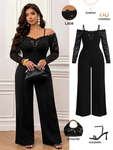 Femmeverse Plus Size Women's Spring/Autumn Fashion Elegant Off Shoulder Design V-Neck Lace Trim Patchwork Long Sleeve Knit Straight Leg Jumpsuit Fall - Black - View 1