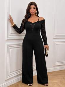 Femmeverse Plus Size Women's Spring/Autumn Fashion Elegant Off Shoulder Design V-Neck Lace Trim Patchwork Long Sleeve Knit Straight Leg Jumpsuit Fall - Black - View 5