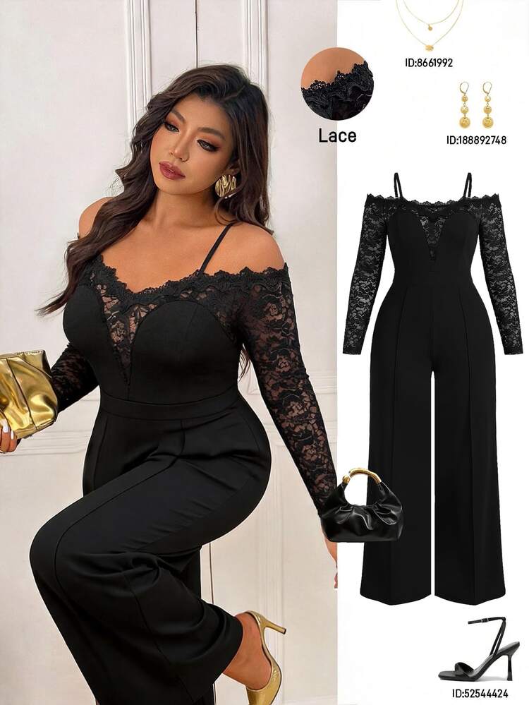 Femmeverse Plus Size Women's Spring/Autumn Fashion Elegant Off Shoulder Design V-Neck Lace Trim Patchwork Long Sleeve Knit Straight Leg Jumpsuit Fall - Black - View 4