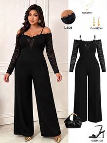 Femmeverse Plus Size Women's Spring/Autumn Fashion Elegant Off Shoulder Design V-Neck Lace Trim Patchwork Long Sleeve Knit Straight Leg Jumpsuit Fall - Black - View 6